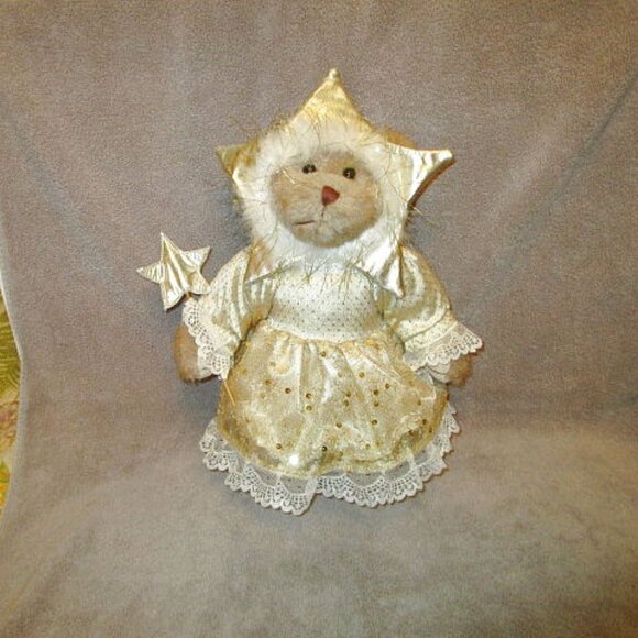 17" Christmas Star FAIRY BEAR Plush GOLD Wand DRESS Standing WOOD Decor VINTAGE - Picture 1 of 12
